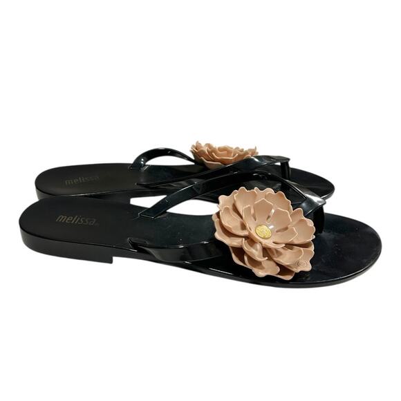 Melissa Flower Jelly Thong Flip Flop Women's 8 Black Pink Summer Vacation Beach - Picture 3 of 7